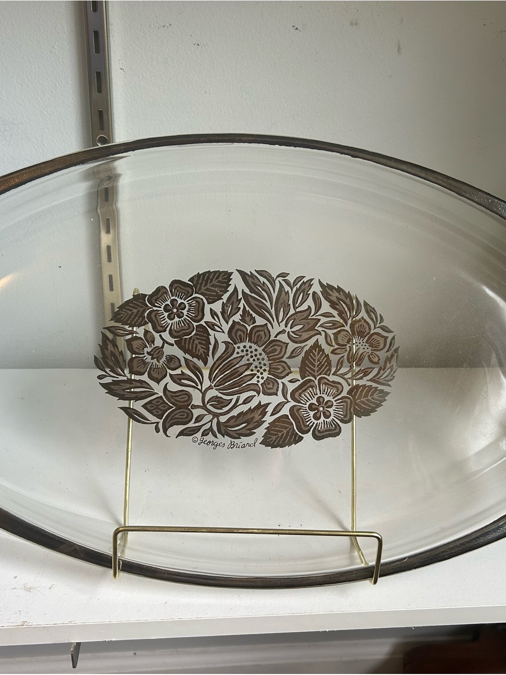 Glass Serving Platter with Brown Floral Motif